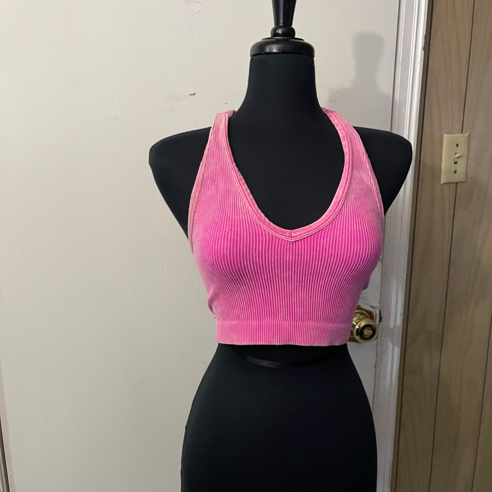 Zenana Outfitters Pink Ribbed Sports Bra